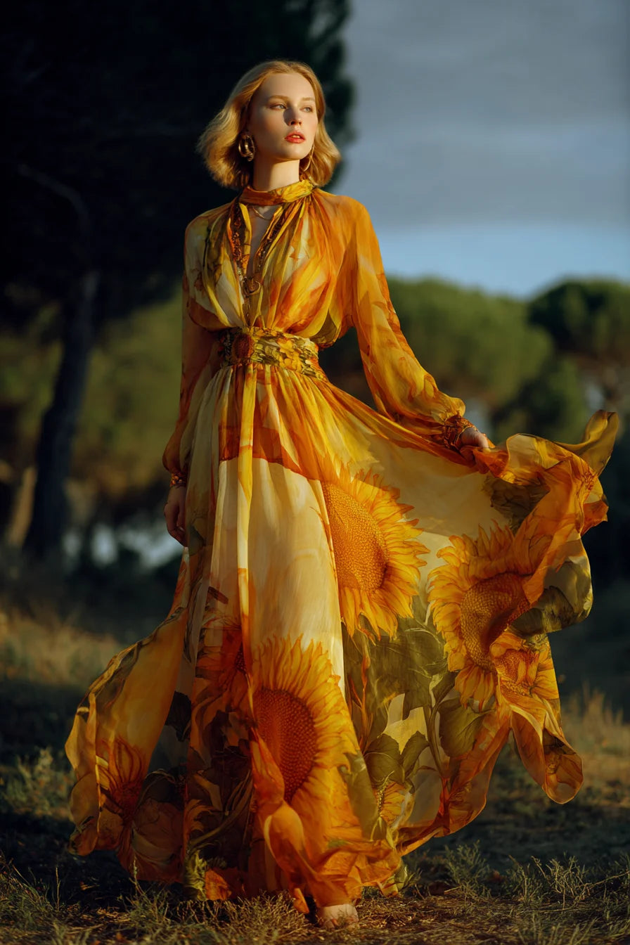 Elegant Sunflower Fitted Waist Backless Dress