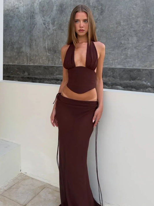 Dark Brown Halter Backless Set - Flowy Mermaid Maxi Skirt Two-Piece