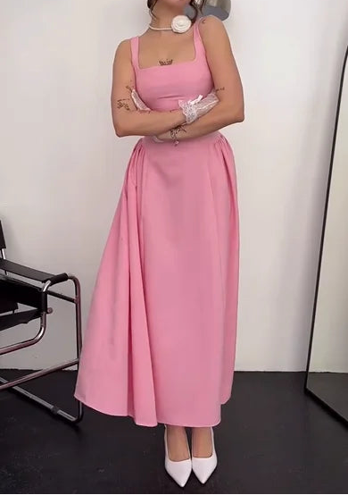 Sexy U Collar Waist Solid Color Maxi Dress