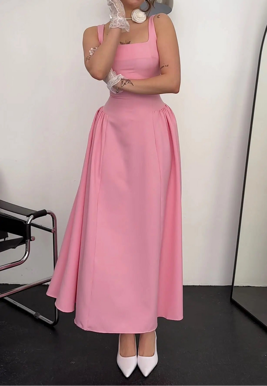 Sexy U Collar Waist Solid Color Maxi Dress