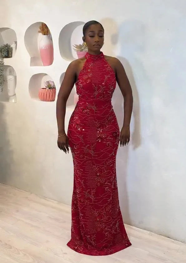 Sexy Halter Embroidered Elegant Dress