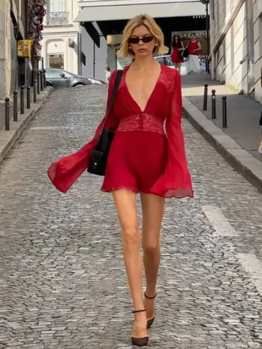 Red Deep V Lace Chiffon Flare Sleeve Mini Dress