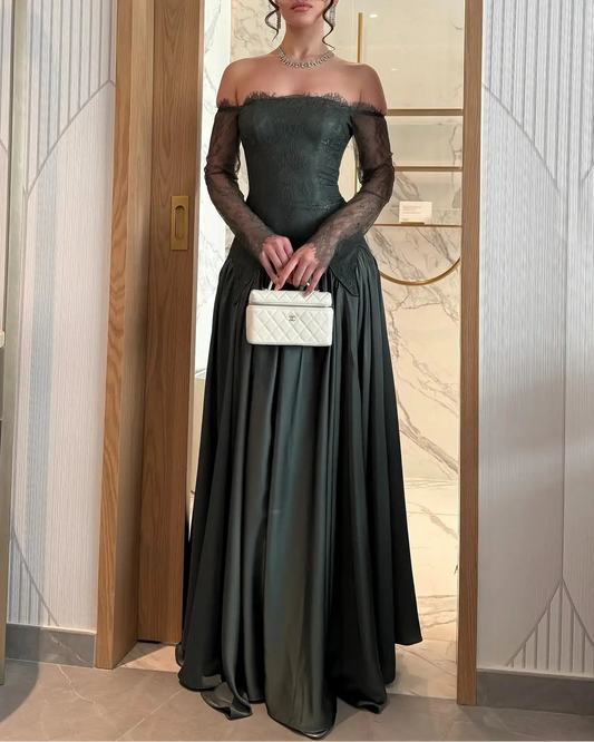 Sexy Long Sleeve Strapless Solid Color Lace Maxi Dress