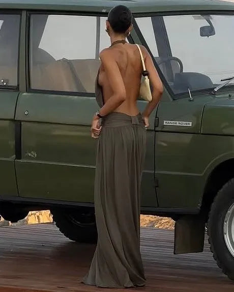 Sexy Halter Backless Solid Color Pleated Dress