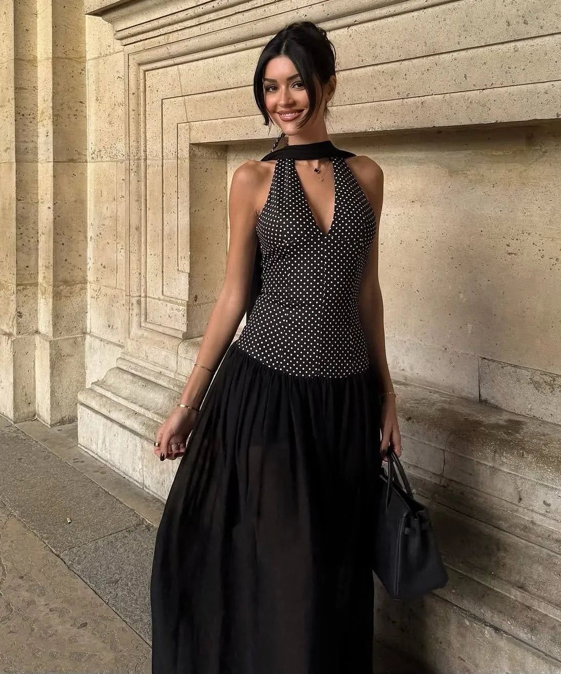 Black & White Polka Dot Halter Tie Detail Party Maxi Dress