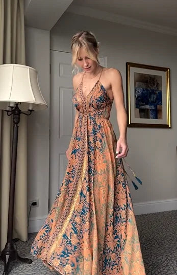 Orange & Blue Floral Gold Foil Halter Cross Back Tie-Up Vacation Maxi Dress