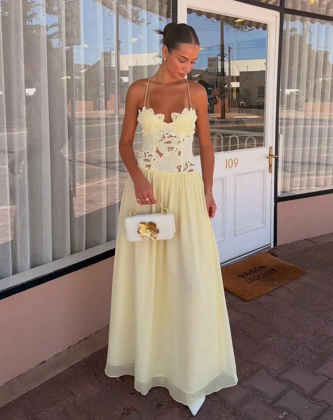 Cream Yellow 3D Floral Lace Patchwork Cross Backless Ruched Waist Flowy Maxi Vacation Dress