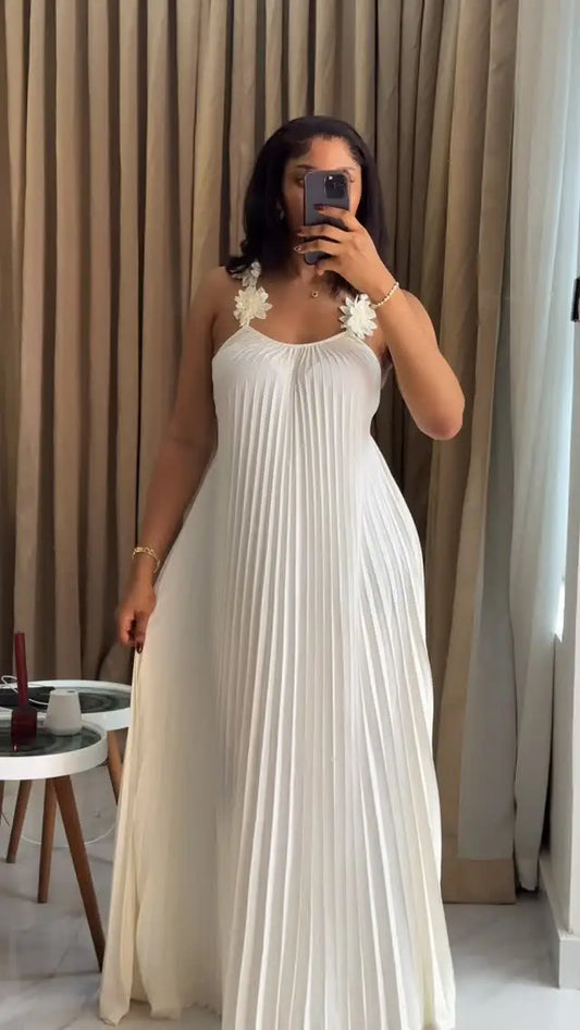 Fairy Style White Floral Embellished Spaghetti Strap Backless Pleated Flowy Maxi Dress
