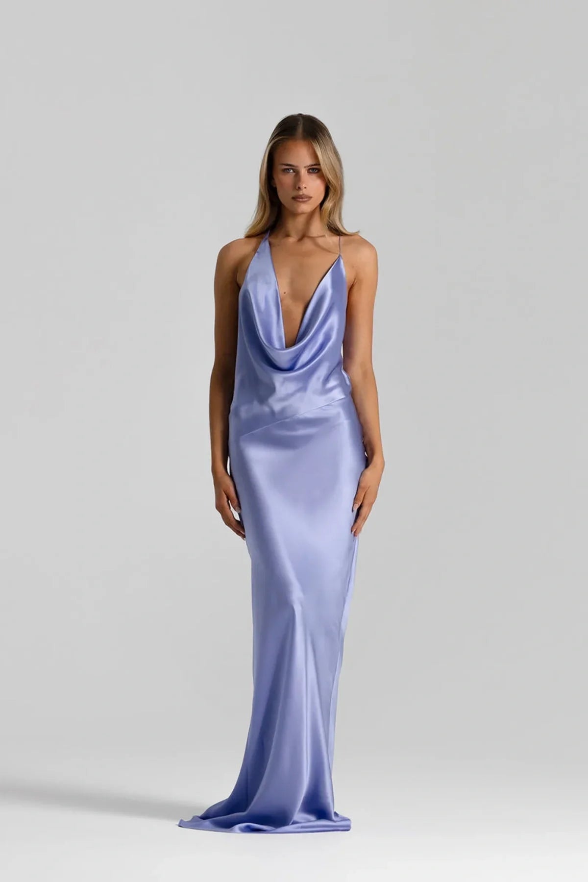 Sexy Sleeveless Deep V Halter Solid Color Evening Dress