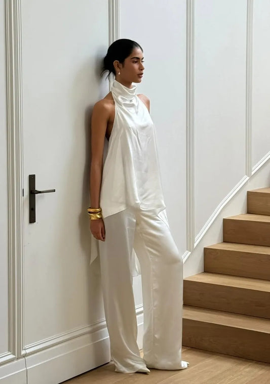 Halter Open-Back Satin Top + Wide-Leg Pants Set