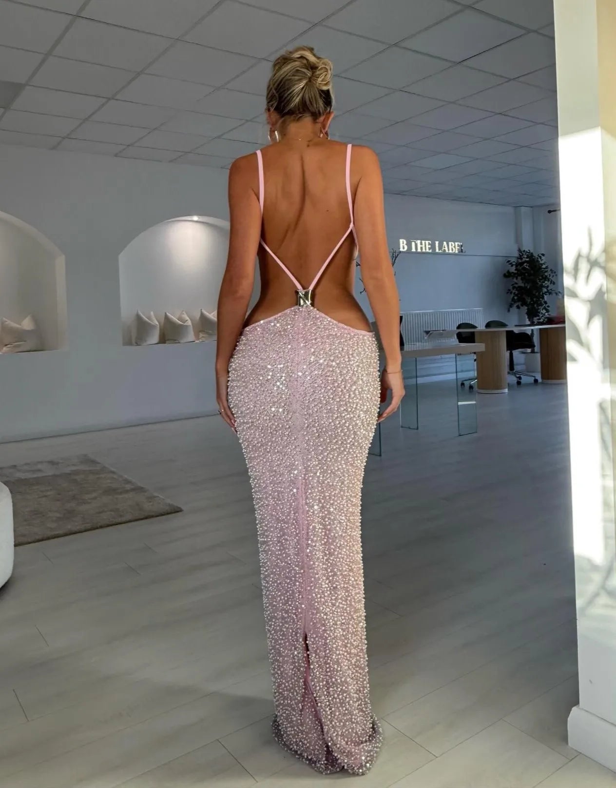 Soft Pink Full Rhinestone Backless Cutout Slim Floor-Length Evening Gown