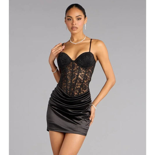 Black Lace Rhinestone Corset Satin Mini Dress | Sexy Club Bodycon Dress