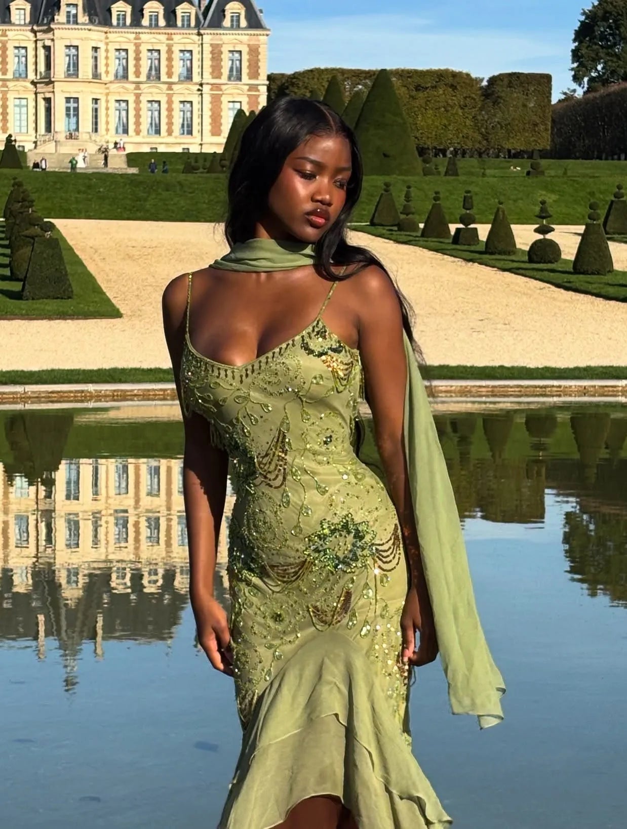 Sexy Sequined Suspender Wooden Ear Stitching Dress