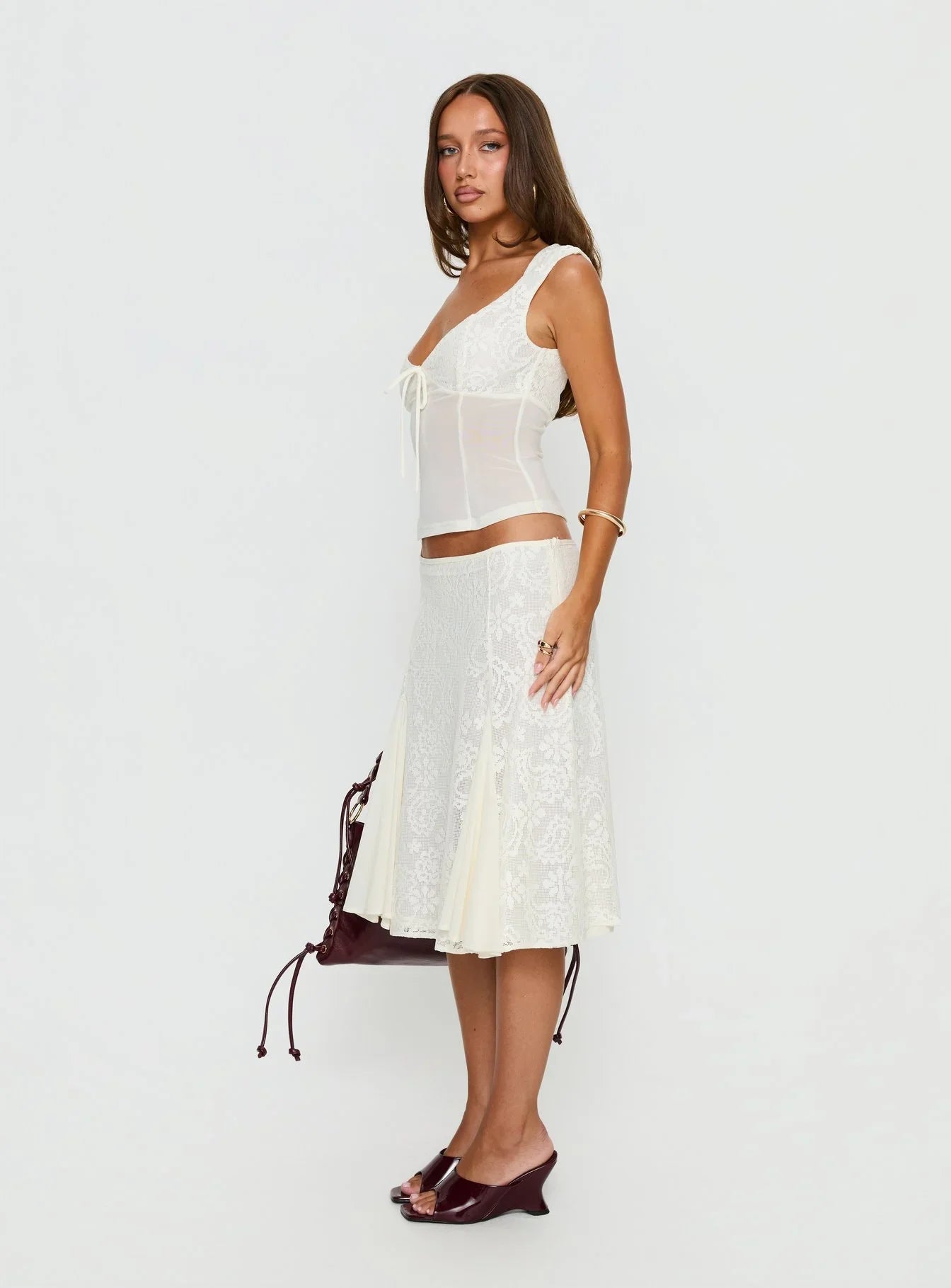 Gentle Style White Lace Patchwork Mesh Camisole Top + Midi Skirt Two-Piece Set