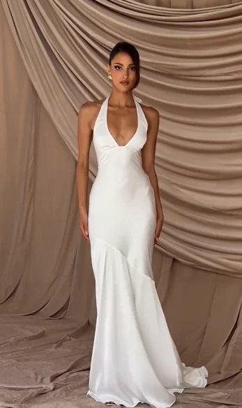 Satin Halter Mermaid Dress - Backless Train Atmospheric Wedding Gown