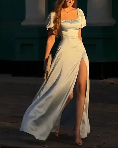 Sexy U Collar Waist-Tight High Slit Solid Color Maxi Dress