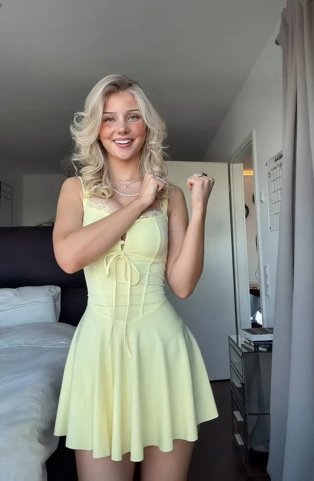 Butter Yellow Lace Trim Tie Waist Spaghetti Strap Mini Dress