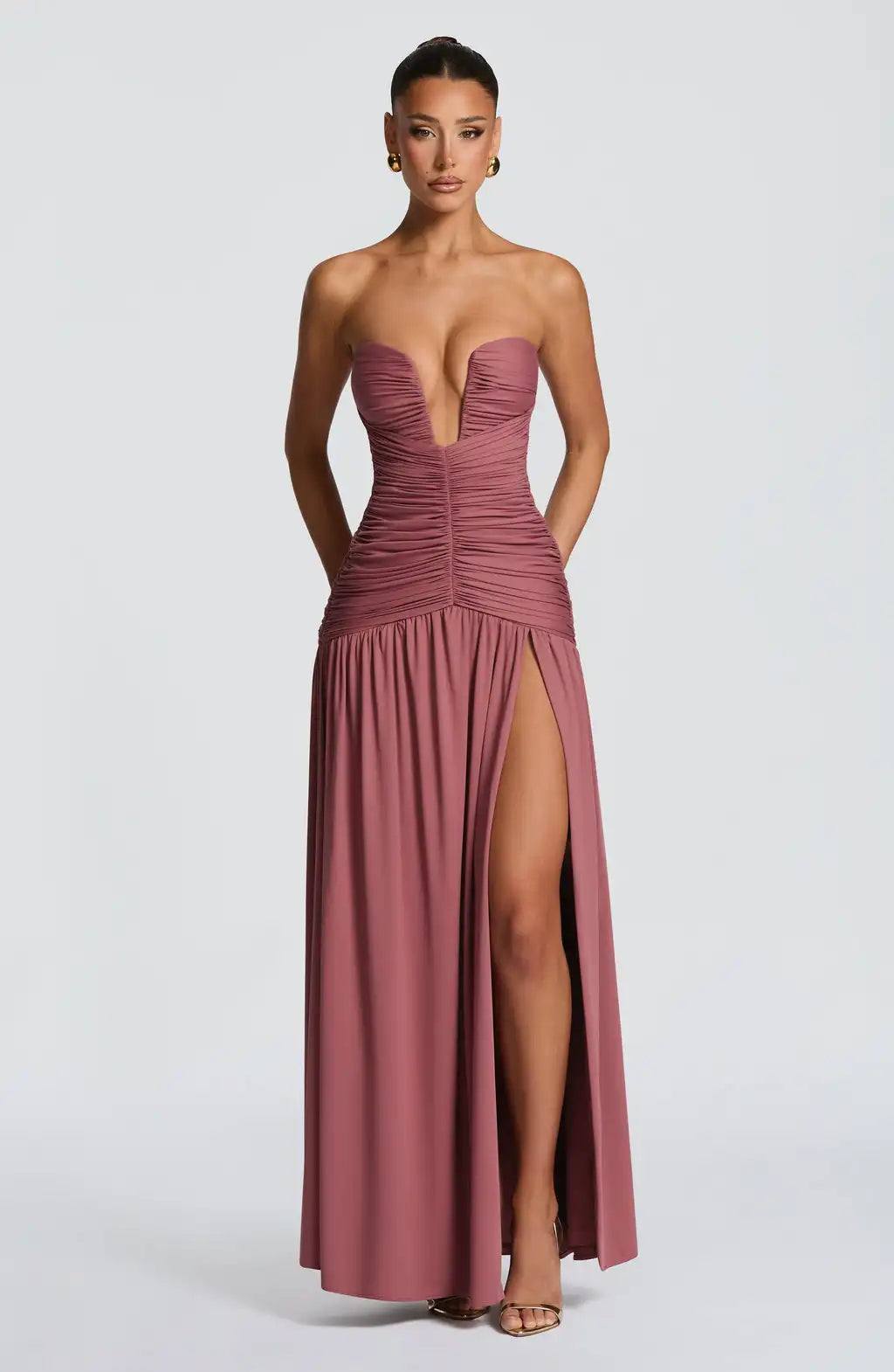 Deep V-Neck Ruched Paneled High Slit Strapless Maxi Dress