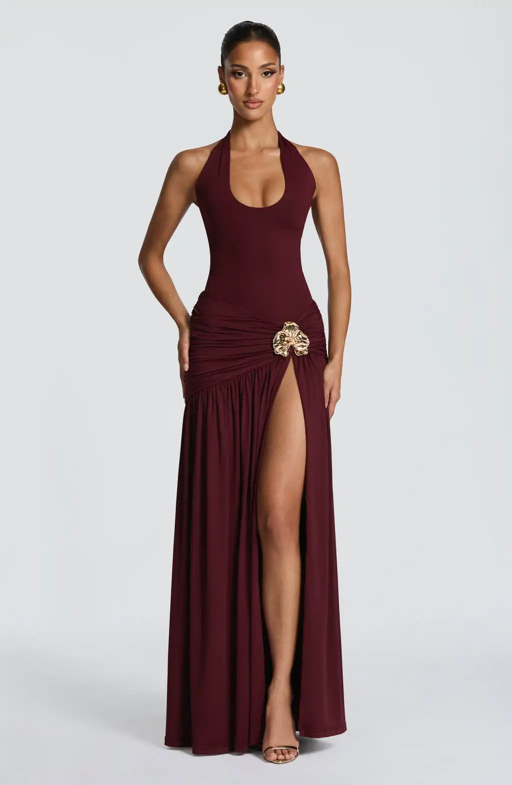 Sexy Halter Metallic Floral Accent High-Slit Floor-Length Maxi Dress