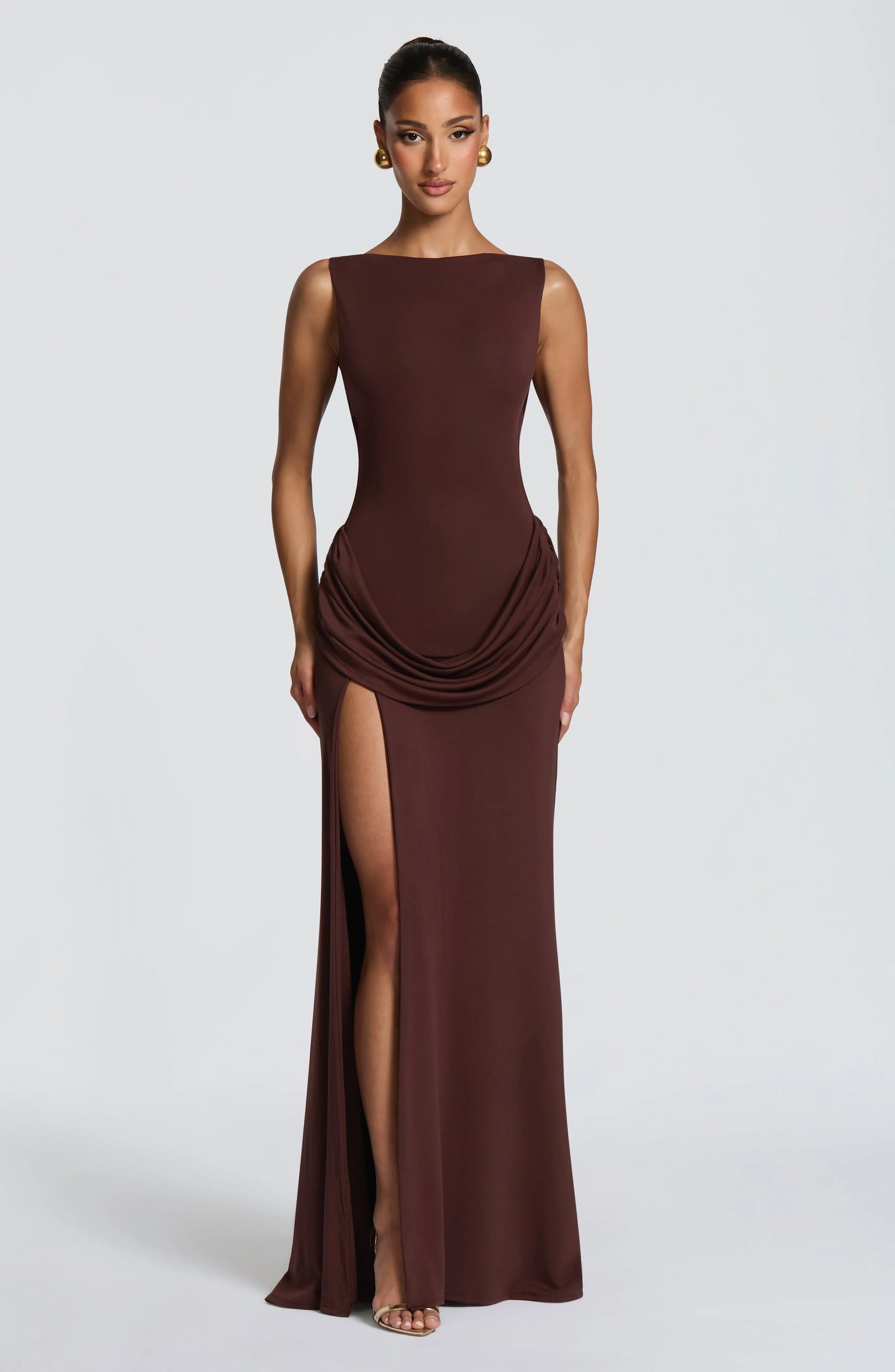 Sleeveless Ruched Backless High-Slit Bodycon Evening Gown