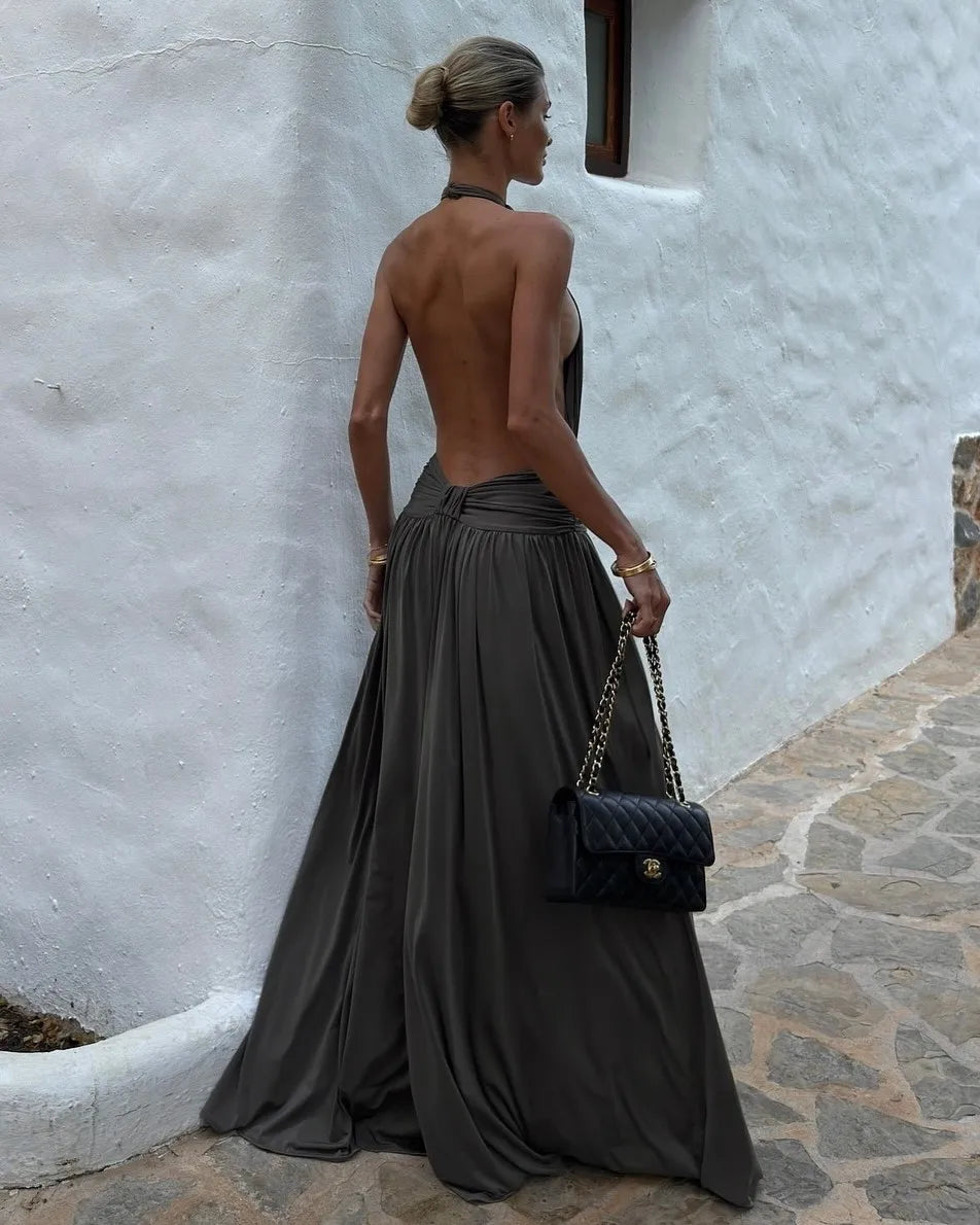 Sexy Halter Backless Solid Color Pleated Dress