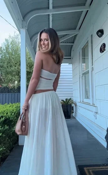 Off-White 3D Decor Halter Backless Ruched Top & Flowy Maxi Skirt Vacation Two-Piece Set