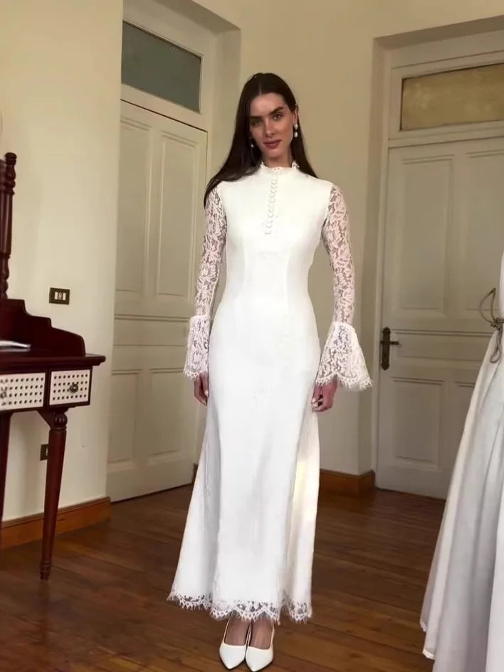 Stand Collar Lace Flared Sleeve Gown - Retro Atmospheric Wedding Maxi Dress