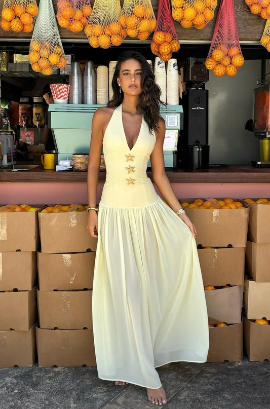 Light Yellow Halter Starfish Accent Waist-Cinched Chiffon Maxi Dress