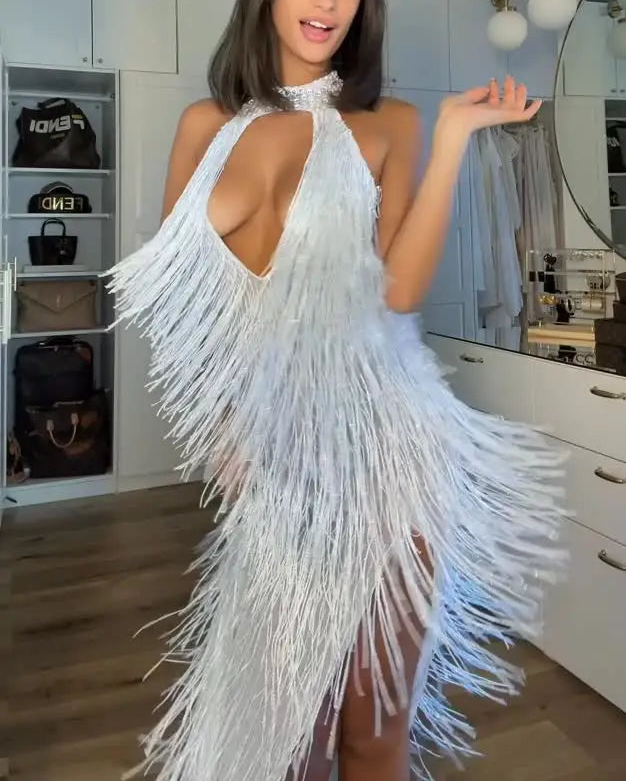 Sexy Halter High Slit Tassel Hot Maxi Dress