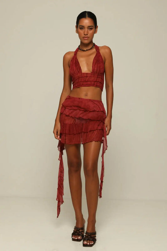 Wine Red Halter Backless Crop Top + Tiered Skirt - Atmospheric Set