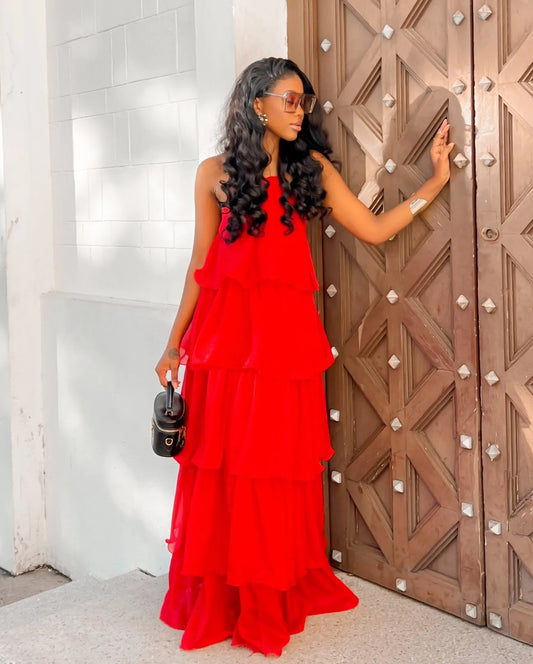 Scarlet Red Halter Tiered Ruffled Maxi Dress Slimming Draped Vacation Banquet Gown
