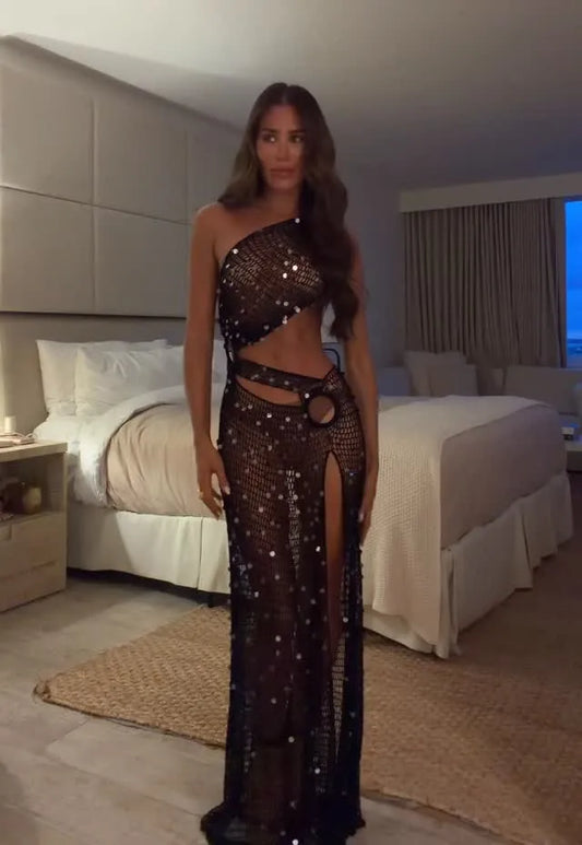 Sexy Oblique Shoulder Sequined Fishnet Dress