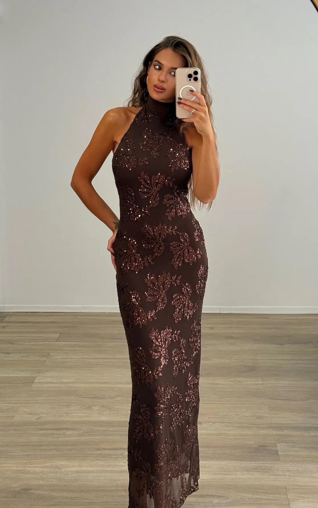 Sexy Sleeveless Halter Sequin Flower Dress