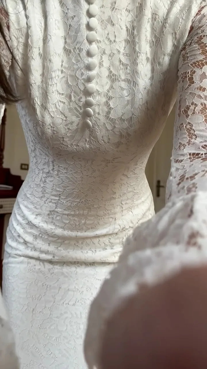 Stand Collar Lace Flared Sleeve Gown - Retro Atmospheric Wedding Maxi Dress