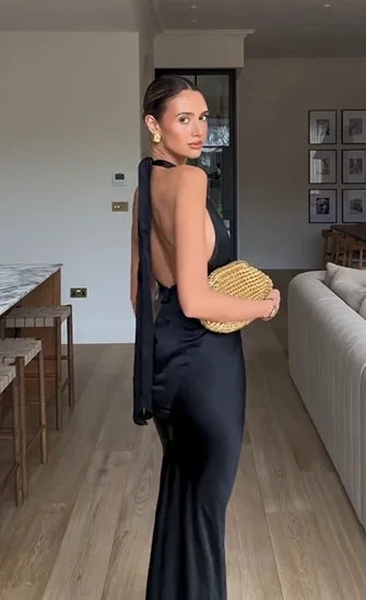 Black Satin Halter Cutout Backless Mermaid Evening Gown