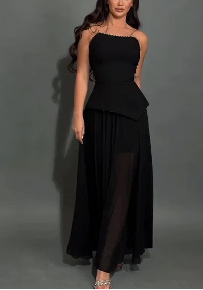 Sexy Pearl Tube Top Solid Color Stitching Maxi Dress