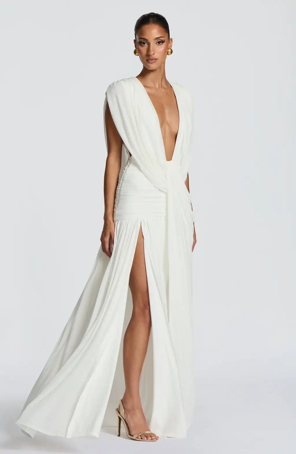 Sexy pleated deep V high slit backless evening gown