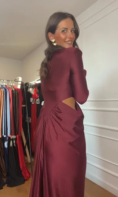 Elegant Long Sleeve Midriff Outfit Stitching Ruffle Dress