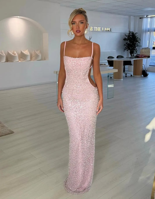 Soft Pink Full Rhinestone Backless Cutout Slim Floor-Length Evening Gown