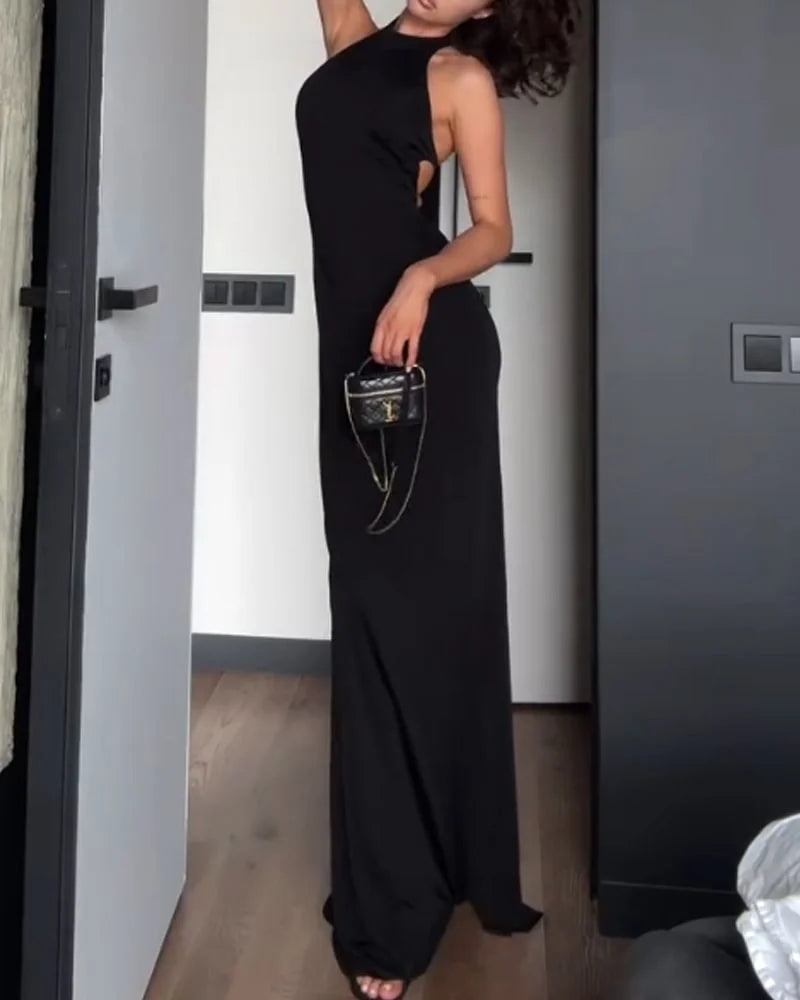 Sexy Sleeveless Solid Color Slim Fit Backless Maxi Dress
