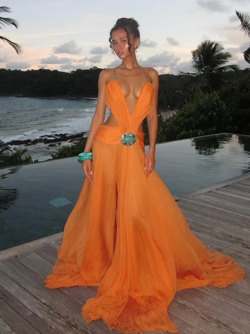 Orange Halter Deep V Neck Backless Waist Gem-Embellished Chiffon Train Vacation Maxi Dress