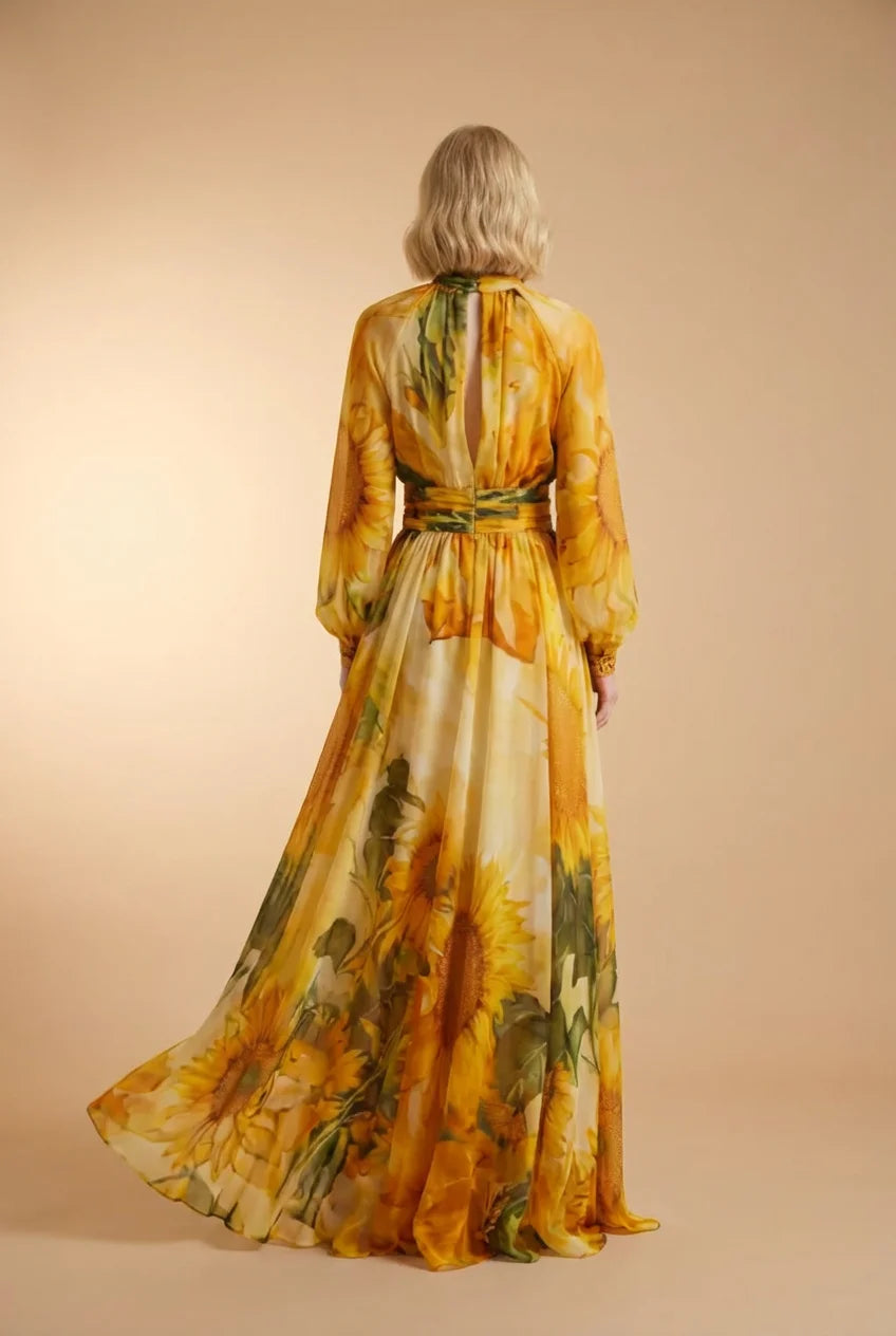 Elegant Sunflower Fitted Waist Backless Dress