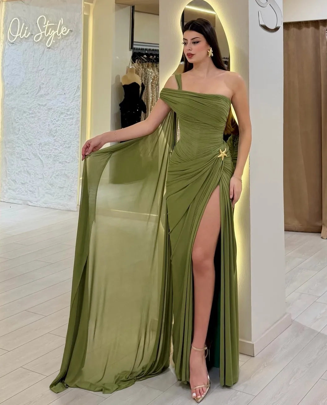 Elegant Olive Green One-Shoulder Ruched High-Slit Train Gown