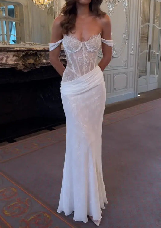 Destroy off-the-Shoulder Lace Tube Top Stitching Maxi Dress