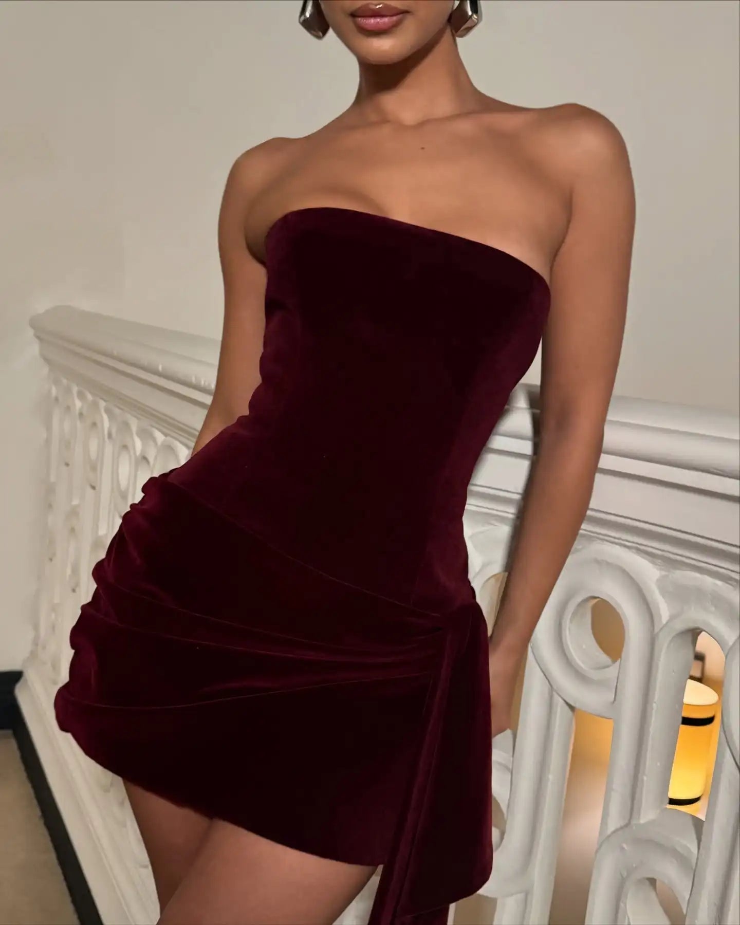 Sexy Tube Top Cinched Waist Solid Color Mini Dress