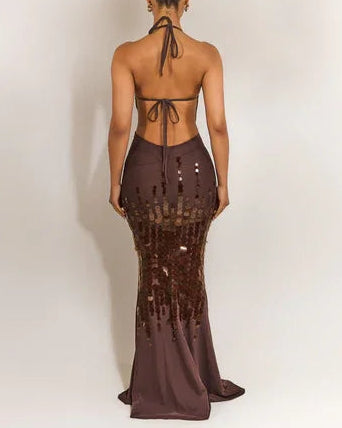 Sexy Sleeveless Halter Slim-Fit Sheath Sequin Maxi Dress