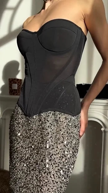 Sexy Bandeau Waist Sequins Skirt Suit