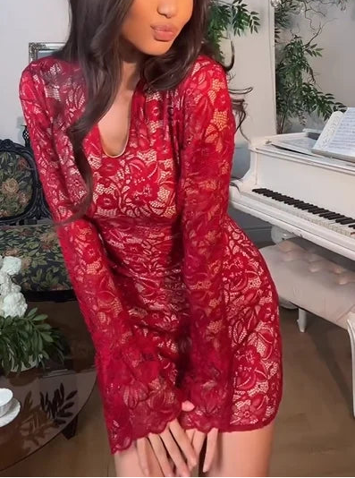 Sexy Slim Long Sleeve Lace Mini Dress