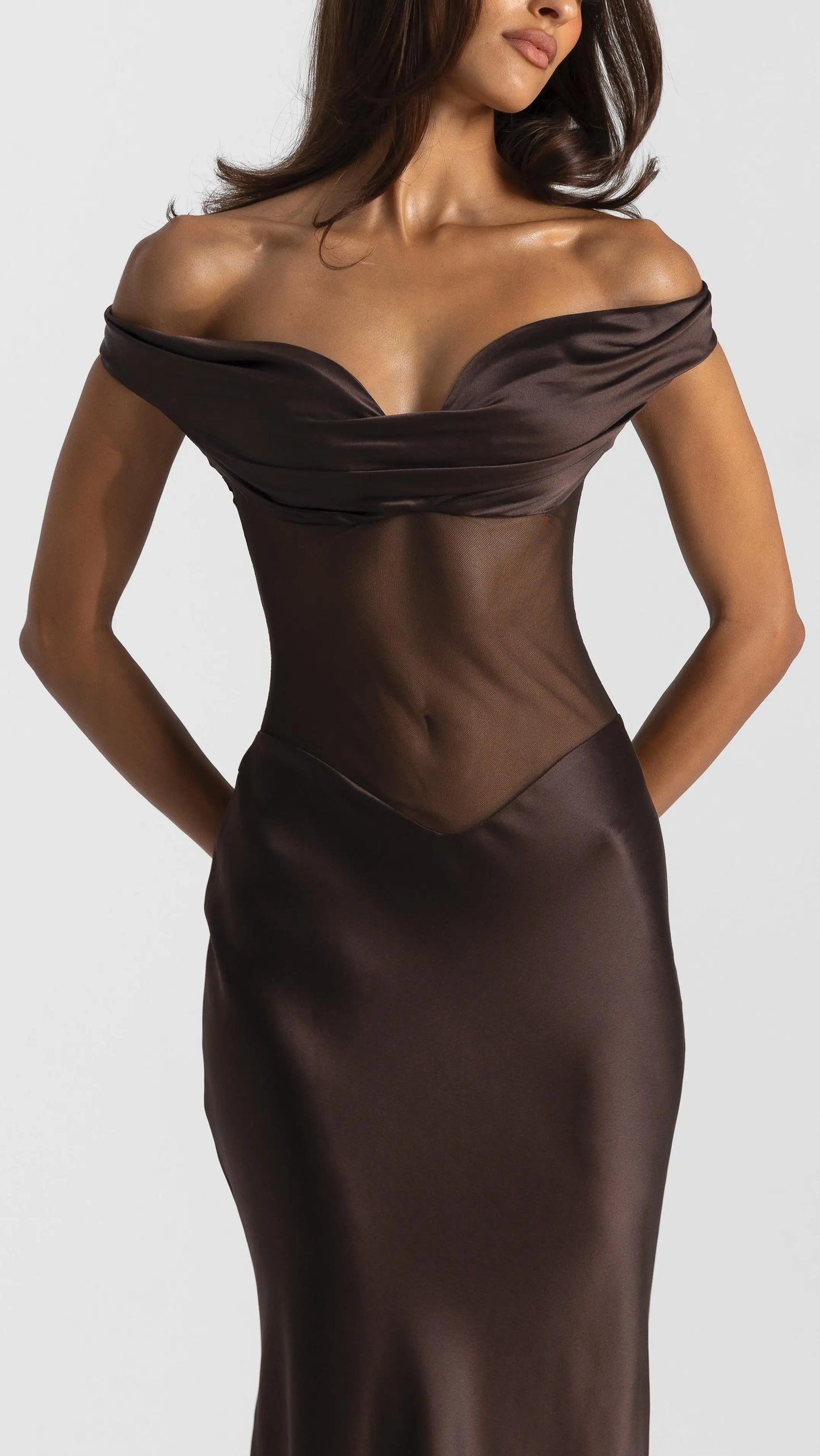 Sexy Patchwork Slightly See-through Solid Color Evening Maxi Dress