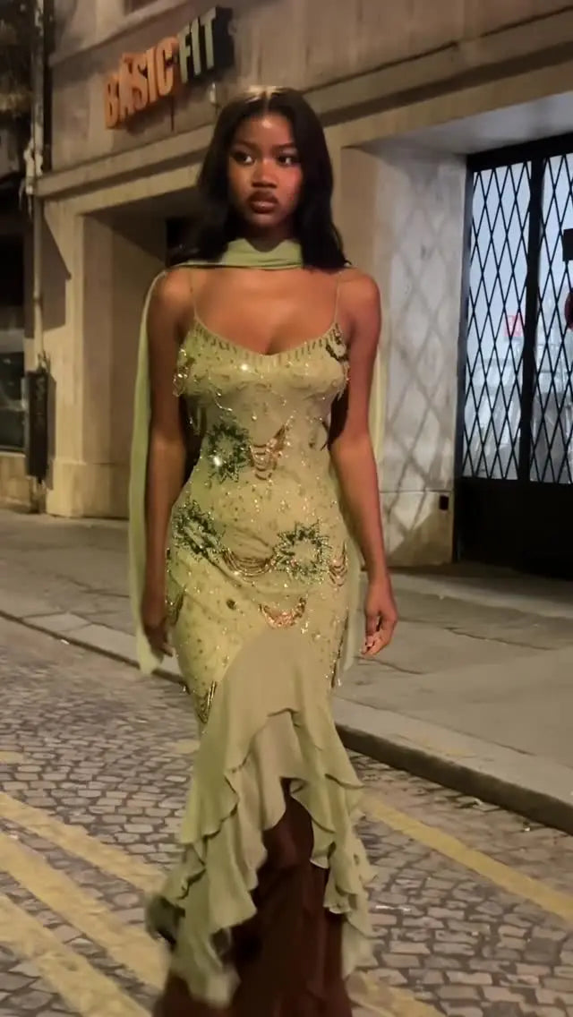 Sexy Sequined Suspender Wooden Ear Stitching Dress